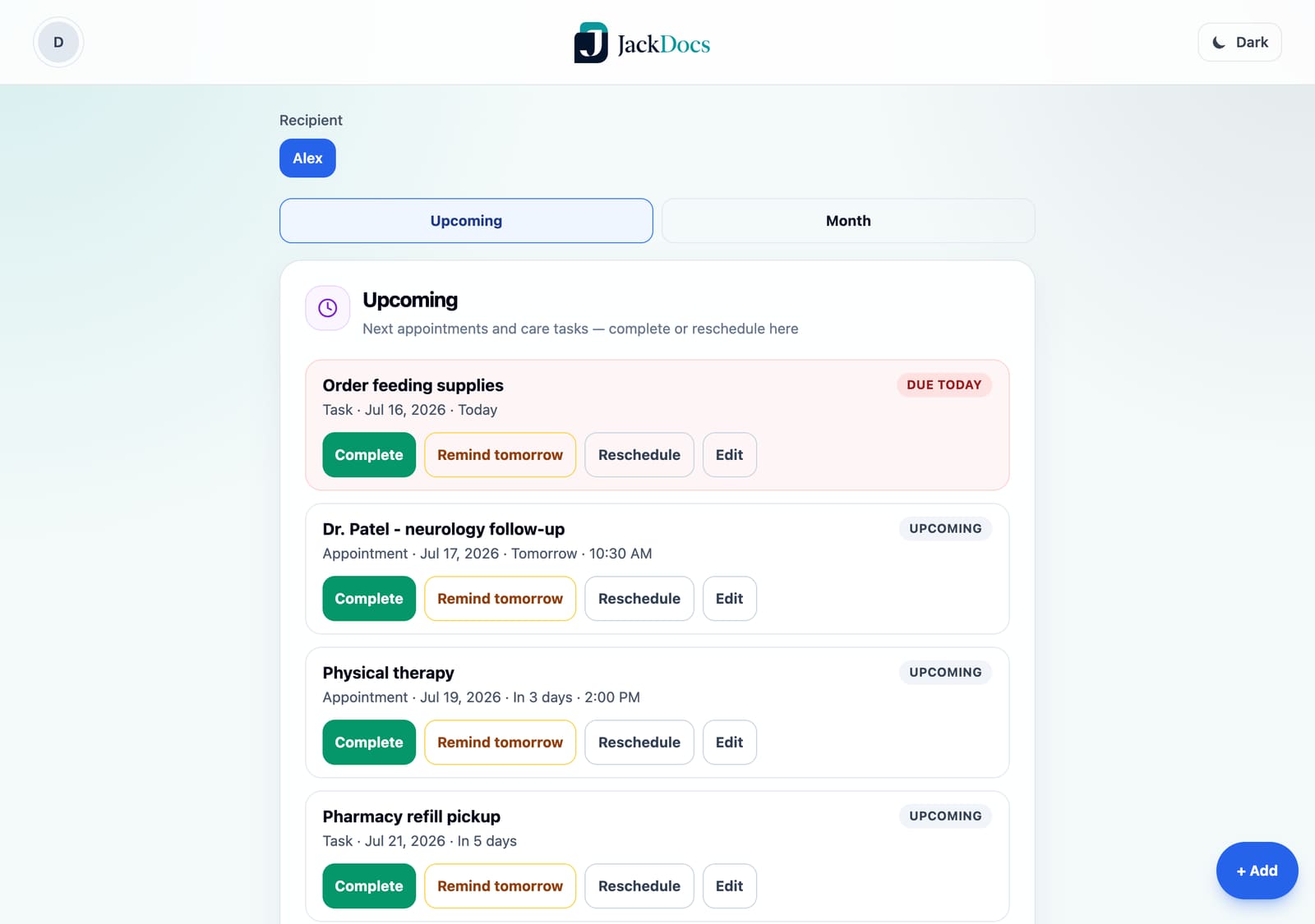 Jack Docs calendar with appointments and care tasks (demo data)