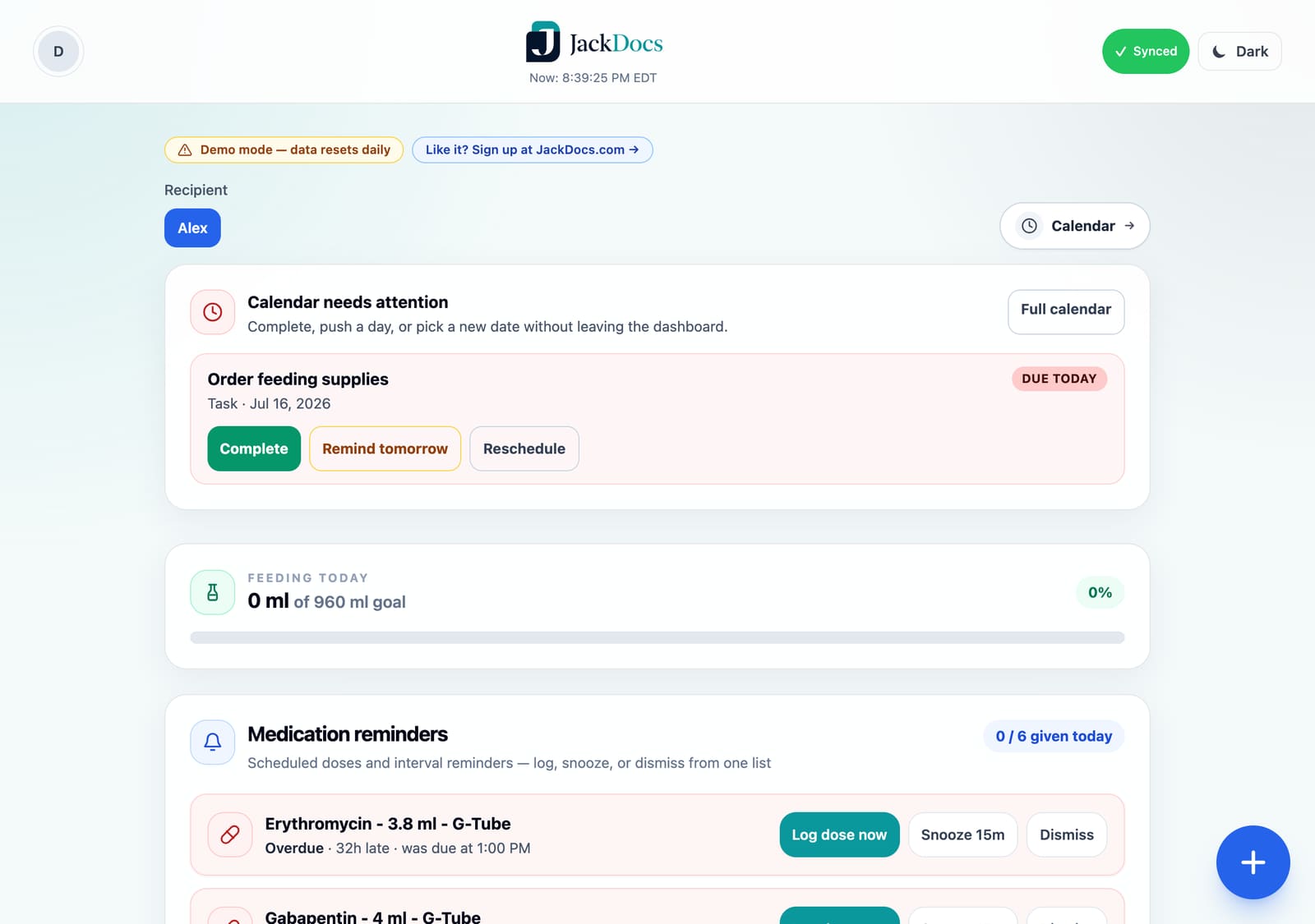 Jack Docs dashboard with medication reminders and care tasks (demo data)