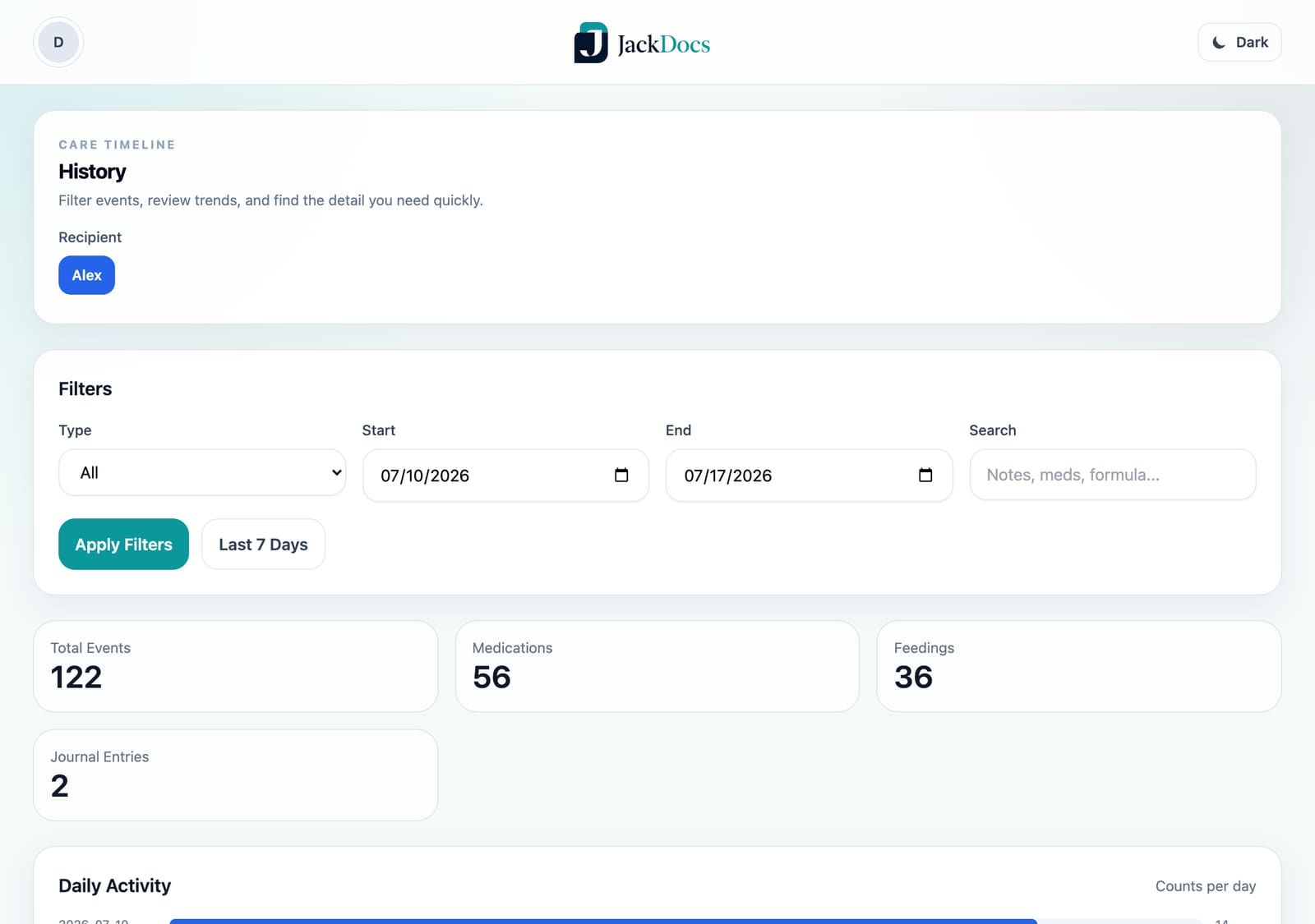 Care history timeline in Jack Docs (demo data)