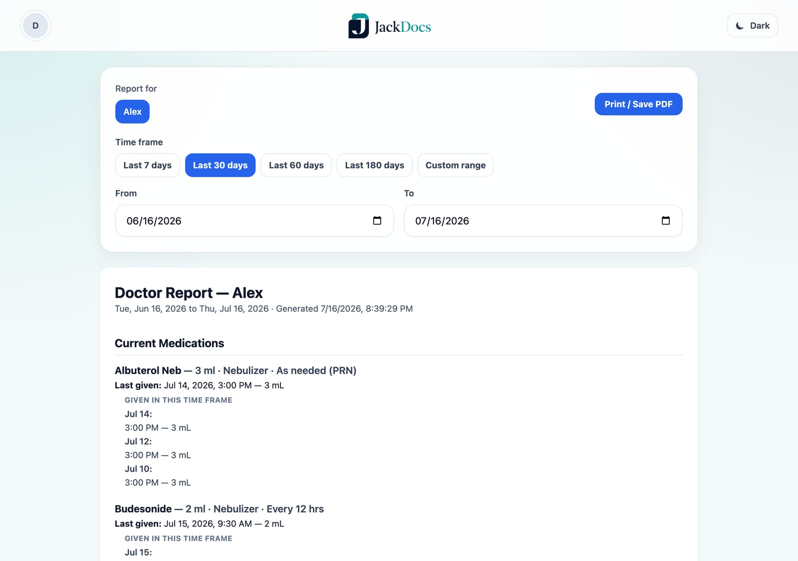 Doctor visit report screen in Jack Docs (demo data)