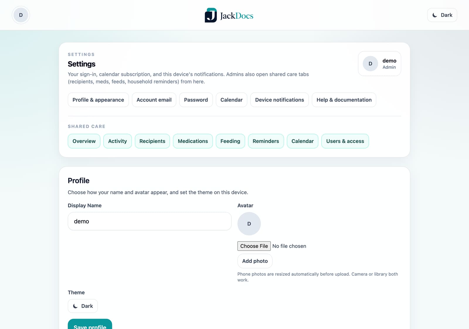 Jack Docs settings for account and care-team access (demo data)
